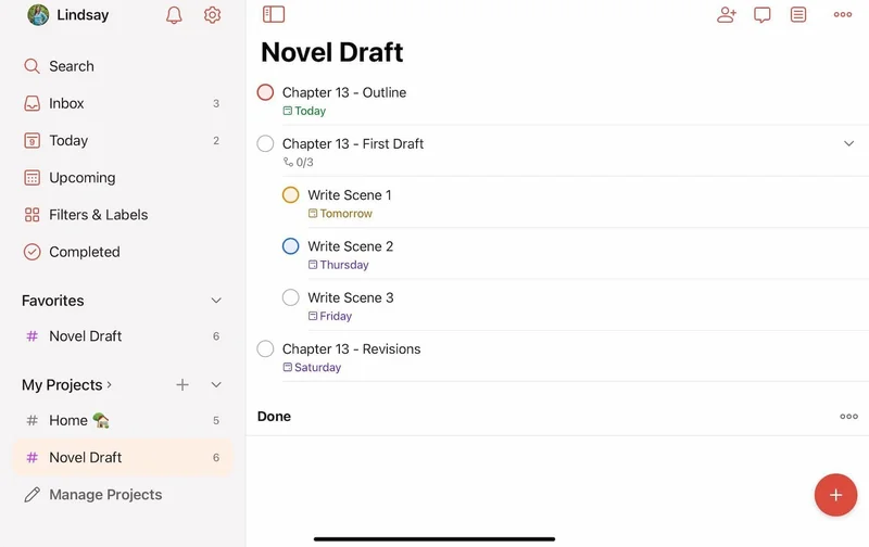 Screenshot of a Todoist project titled “Novel Draft” with tasks listed for Chapter 13, including Outline, First Draft, and Revisions. Subtasks display smaller steps like writing Scene 1, each with due dates and priority flags.