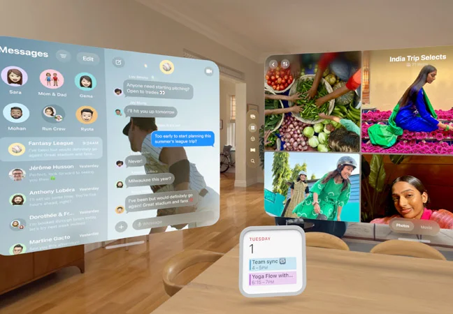 Multiple apps and widgets floating in living room space including Photos app, Messages app, and Calendar widget