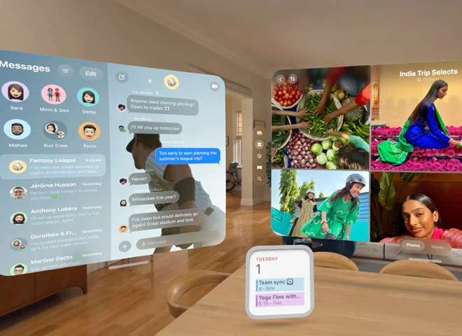 Multiple apps and widgets floating in living room space including Photos app, Messages app, and Calendar widget