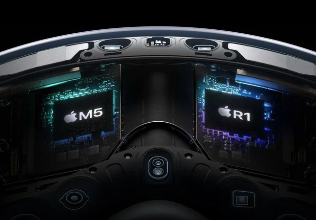 Technical, exploded view inside Apple Vision Pro highlighting the M5 and R1 chips