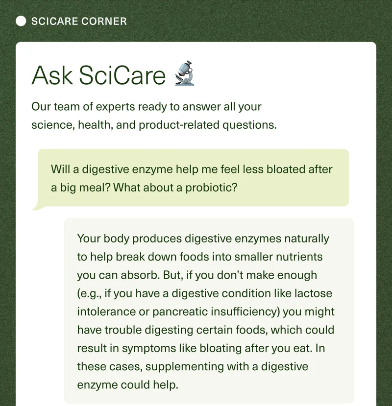 SciCare Corner–Our team of experts ready to answer all your science, health, and product-related questions. Question: Will a digestive enzyme help me feel less bloated after a big meal? What about a probiotic? Answer: Your body produces digestive enzymes naturally to help break down foods into smaller nutrients you can absorb. But, if you don’t make enough (e.g., you have a digestive condition like lactose intolerance or pancreatic insufficiency) you might have trouble digesting certain foods, which could result in symptoms like bloating after you eat. In these cases, supplementing with a digestive enzyme could help.