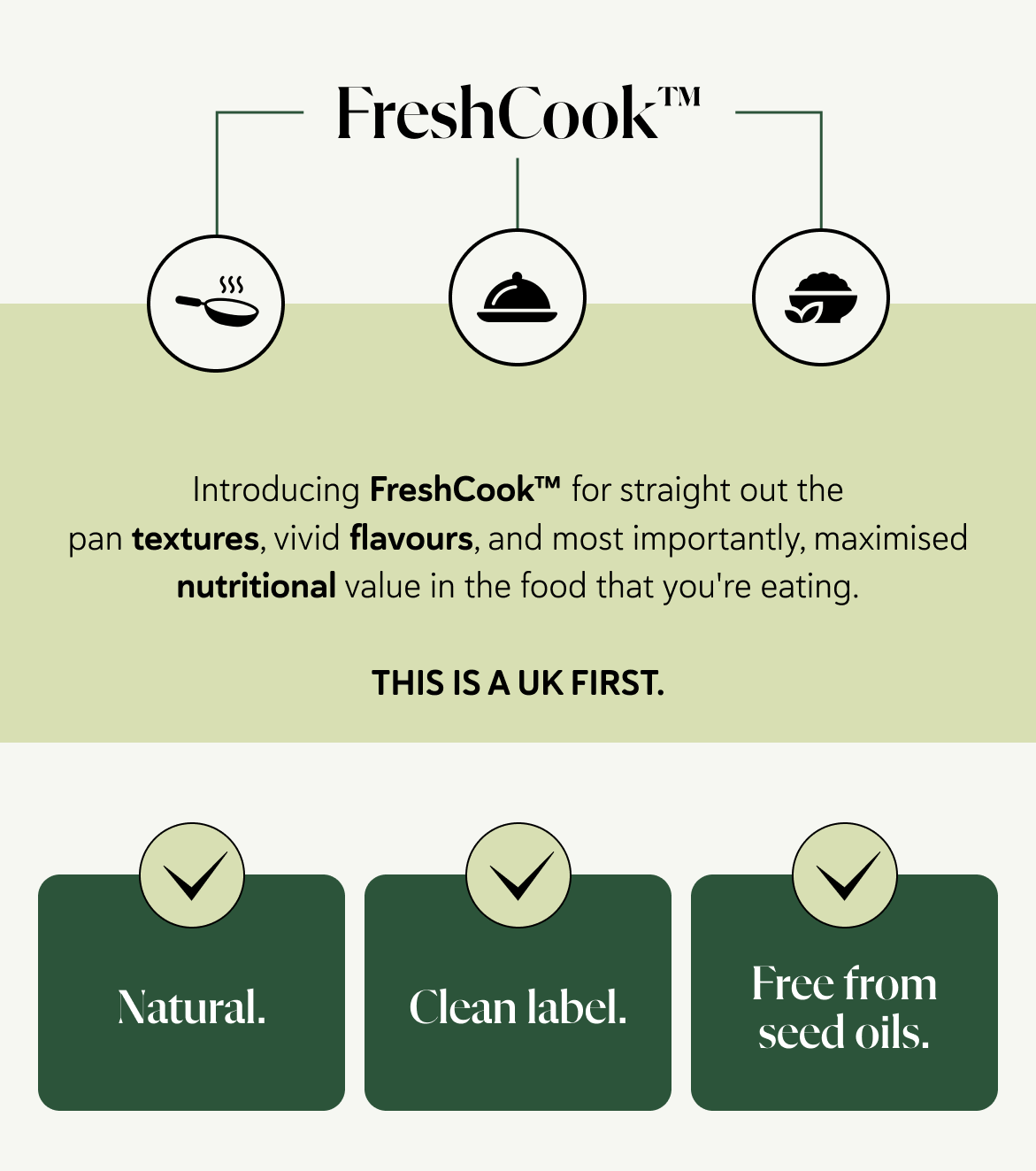 Introducing FreshCook™ for straight out the pan textures, vivid flavours, and most importantly, maximised nutritional value in the food that you're eating.  THIS IS A UK FIRST. Natural. Clean label. Free from seed oils.