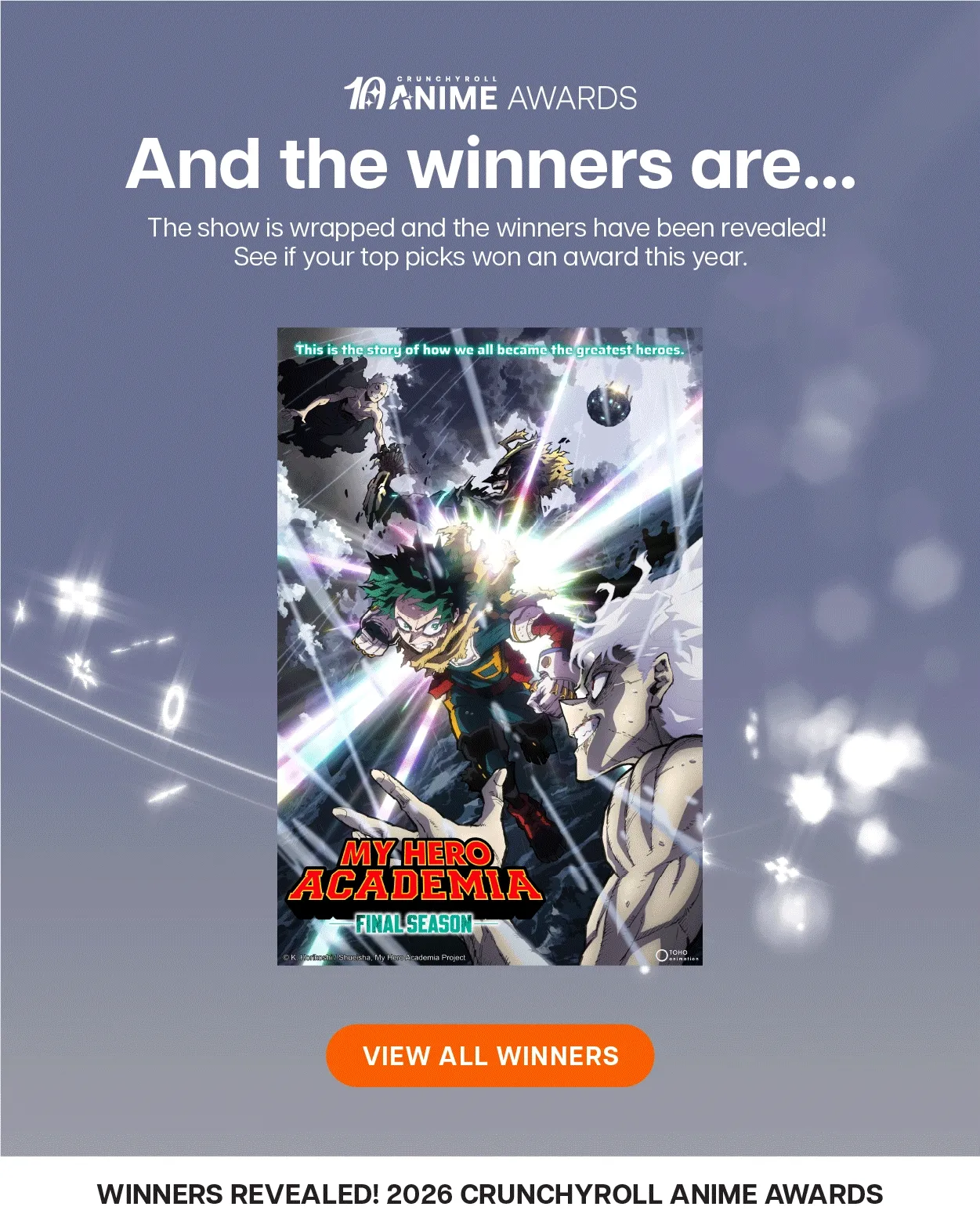See all the winners of the 2026 Crunchyroll Anime Awards. See all the winners of the 2026 Crunchyroll Anime Awards.