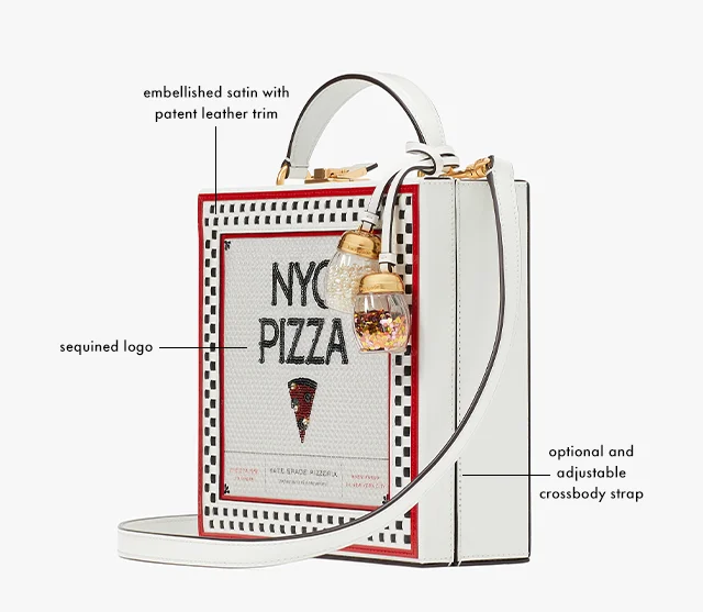 embellished satin with patent leather trim, sequined logo, optional and adjustable crossbody strap