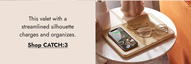 This valet with a streamlined silhouette charges and organizes. Shop CATCH:3