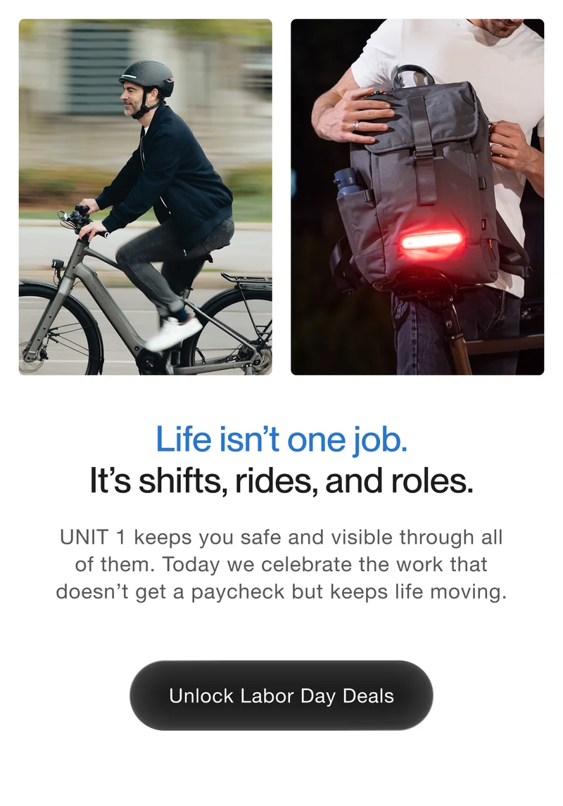 UNIT 1 smart gear bundle – AURA helmet, Torch backpack, Smart Lights, visor, and water bottle. Text: Unlock early access to Labor Day deals.