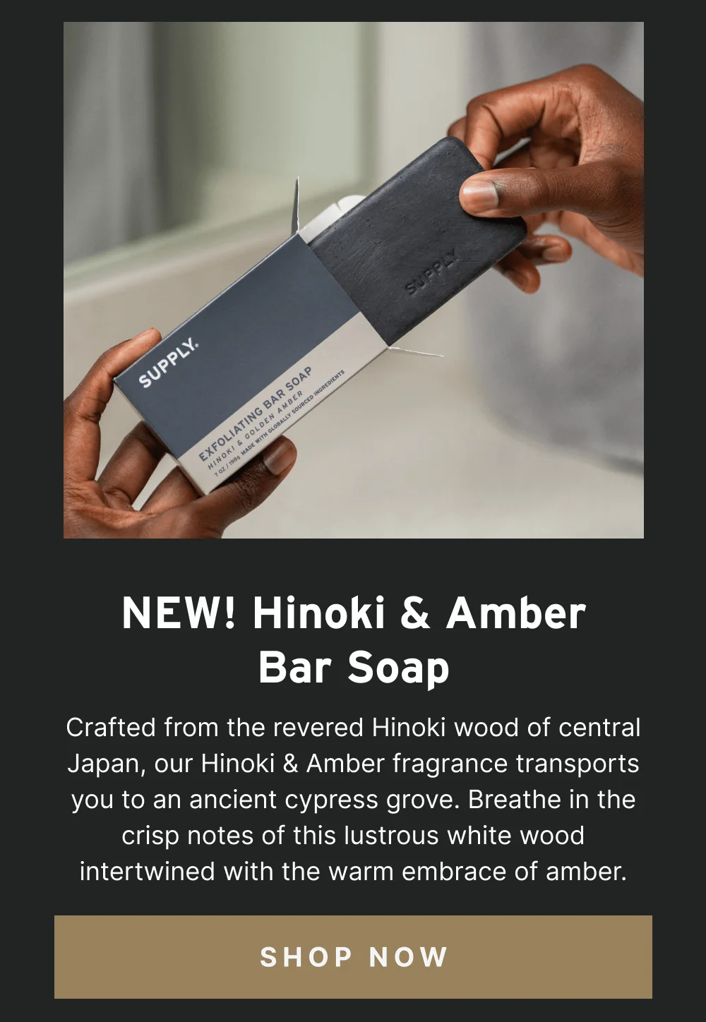 New! Hinoki & Amber Bar Soap [ Shop Now ]