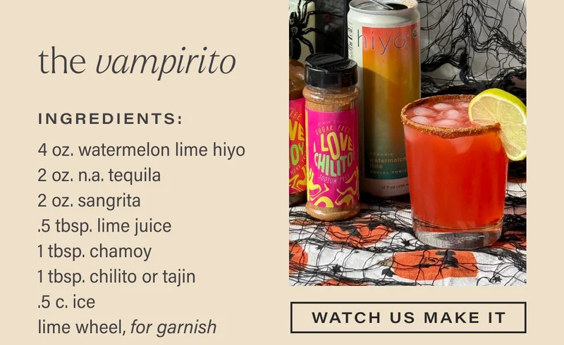 the vampirito Ingredients: 4 oz. watermelon lime hiyo  2 oz. n.a. tequila  2 oz. sangrita  .5 tbsp. lime juice  1 tbsp. chamoy  1 tbsp. chilito or tajin  .5 c. ice lime wheel, for garnish. watch us make it