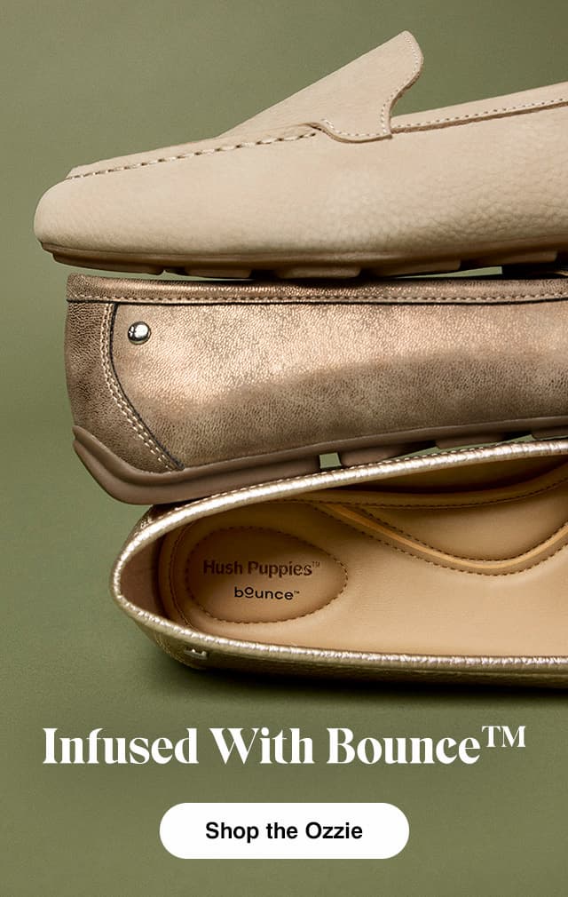 A stack of the Ozzie Loafer in three different colors highlighting the luxe material, stitching and stud detail, and BounceTM cushioning.