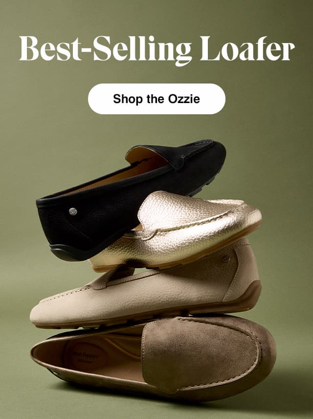 A moss green background with a stack of the Ozzie Loafer in four colors: black, gold, beige, and bronze. The email says Best-Selling Loafer. Shop the Ozzie