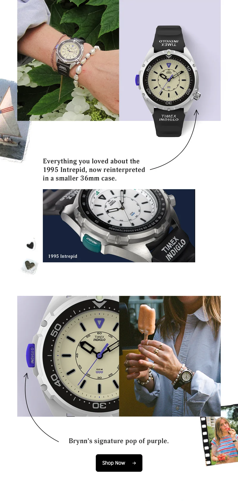 Everything you loved about the 1995 Intrepid, now reinterpreted in a smaller 36mm case. | Brynn's signature pop of purple. | Shop Now