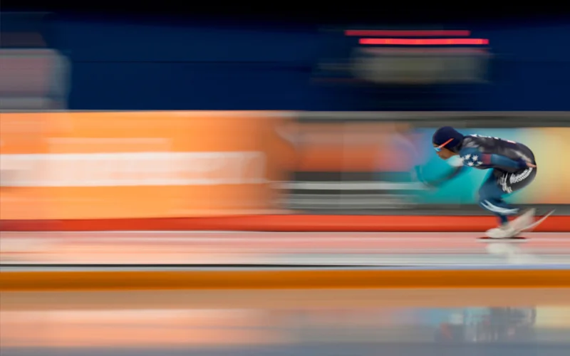 American speed skater Erin Jackson competes in the women’s 500 meters at the ISU World Cup Speed Skating in Calgary, Alberta, on November 22, 2025.