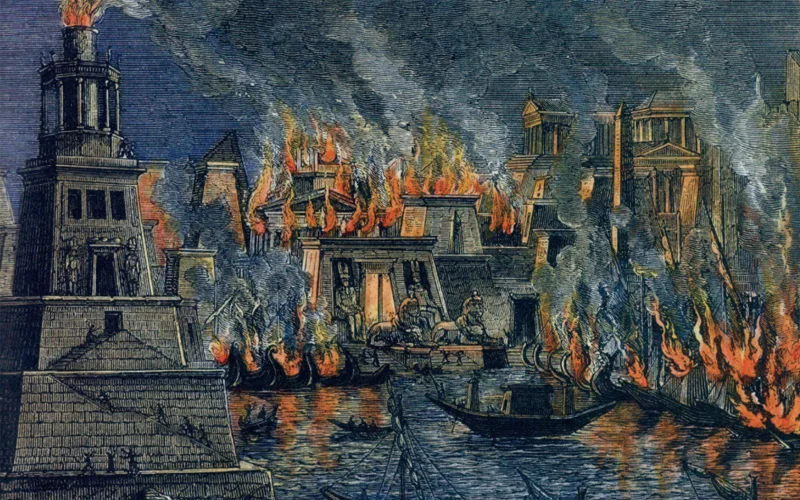 The 1876 painting Incendie Alexandrie by Hermann Goll depicts the destruction of the Library of Alexandria.