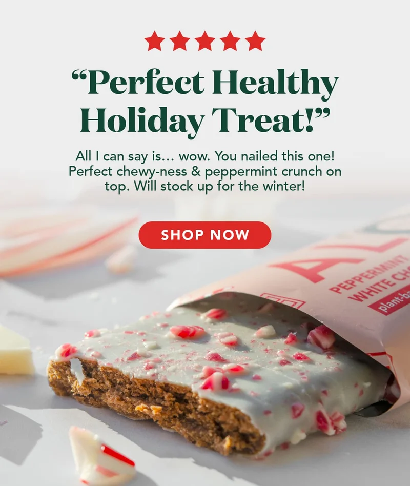 A customer review wrote: "Perfect healthy holiday treat! All I can say is... wow. You nailed this one! Perfect chewy-ness & peppermint crunch on top. Will stock up for winter!"