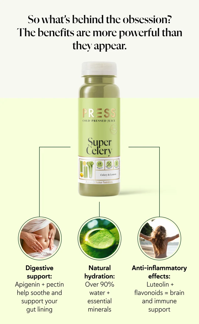 So what’s behind the obsession? The benefits are more powerful than they appear.   Digestive support – Apigenin + pectin help soothe and support your gut lining   Natural hydration – Over 90% water + essential minerals   Anti-inflammatory effects – Luteolin + flavonoids = brain and immune support