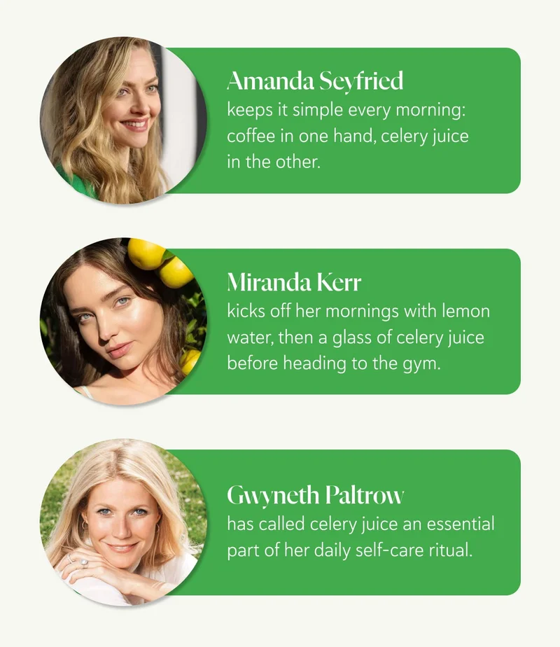 ✔ Amanda Seyfried keeps it simple: coffee in one hand, celery juice in the other. ✔ Miranda Kerr kicks off her mornings with lemon water, then a glass of celery juice before heading to the gym. ✔ Gwyneth Paltrow has called celery juice an essential part of her daily self-care ritual.