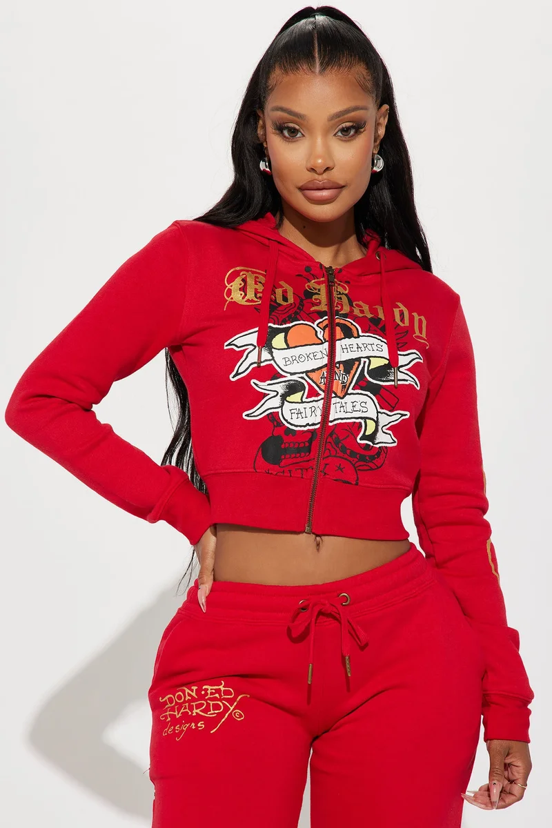 Image of Broken Hearts Ed Hardy Zip Front Hoodie - Red