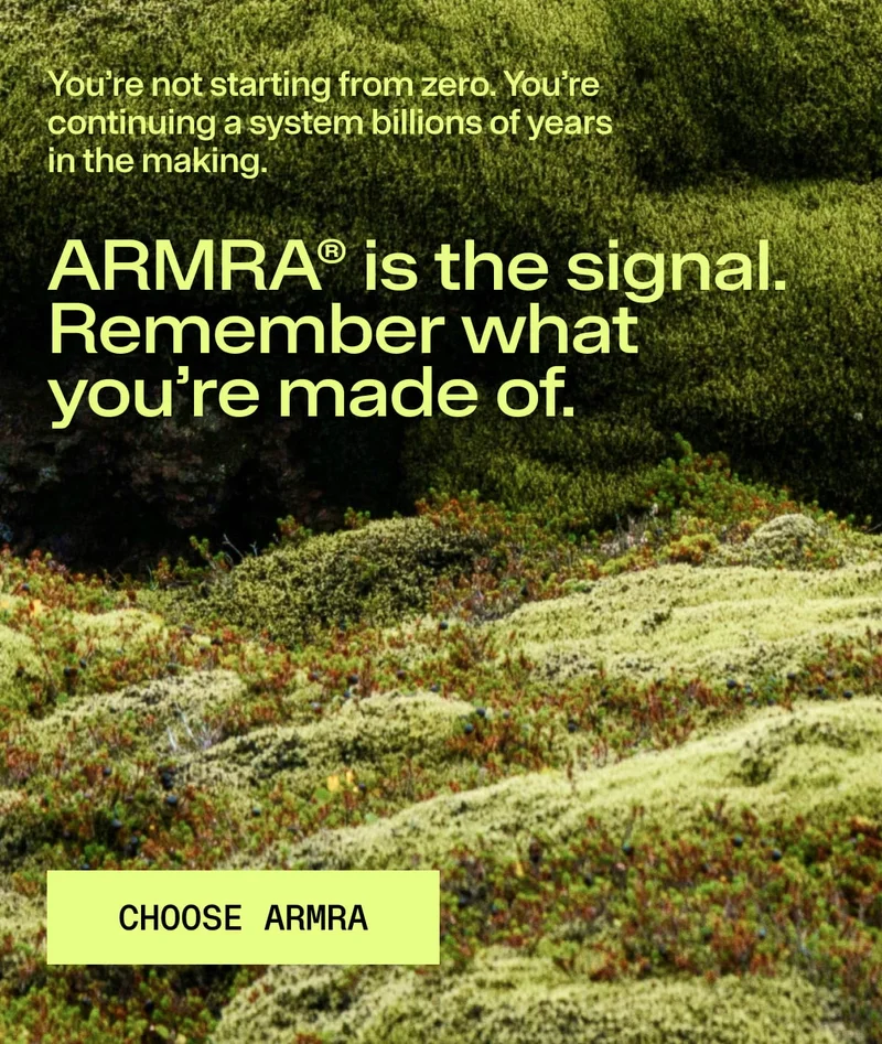 Lush green landscape with text reading “ARMRA is the signal. Remember what you’re made of.” and a “Choose ARMRA” button. Lush green landscape with text reading “ARMRA is the signal. Remember what you’re made of.” and a “Choose ARMRA” button.