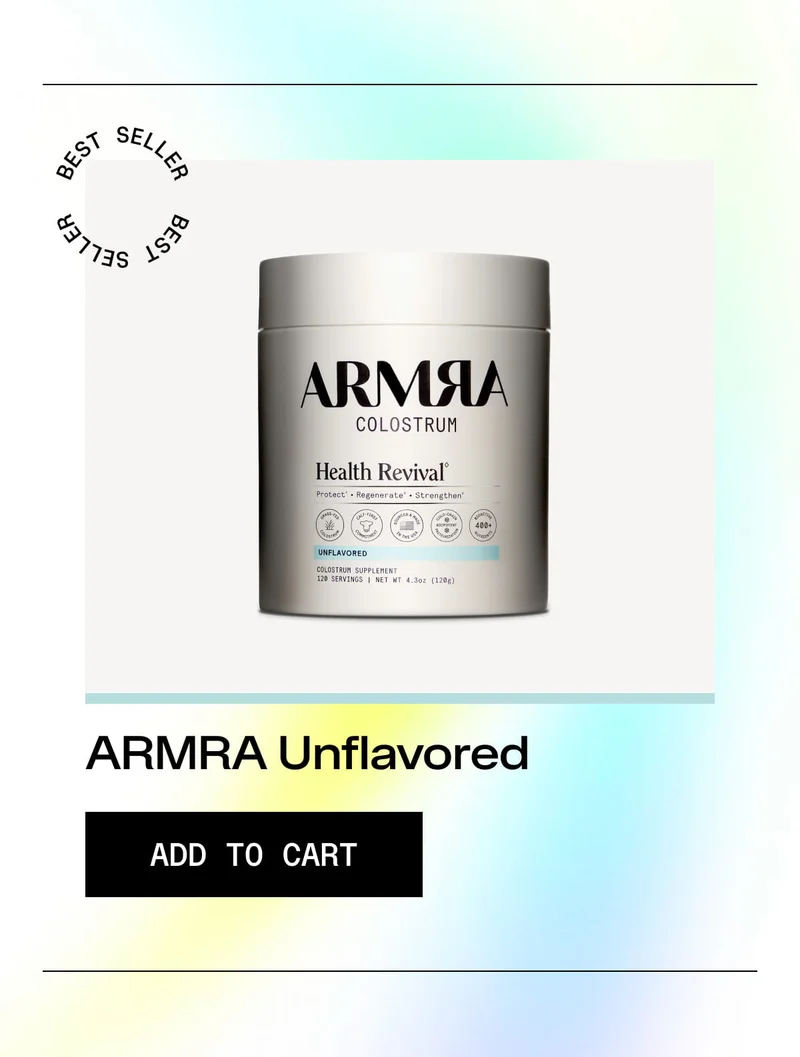 ARMRA Colostrum Unflavored canister labeled “Health Revival” shown as a best seller with an “Add to cart” button. ARMRA Colostrum Unflavored canister labeled “Health Revival” shown as a best seller with an “Add to cart” button.