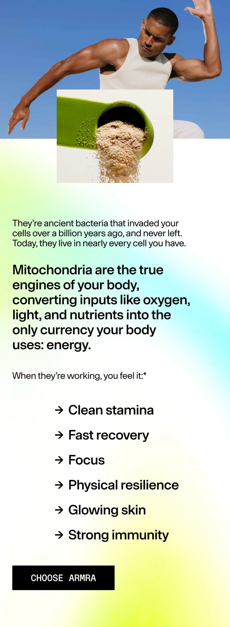 Athletic figure in motion against a blue sky above an image of a green scoop pouring colostrum powder, with text about mitochondria powering the body. Athletic figure in motion against a blue sky above an image of a green scoop pouring colostrum powder, with text about mitochondria powering the body.