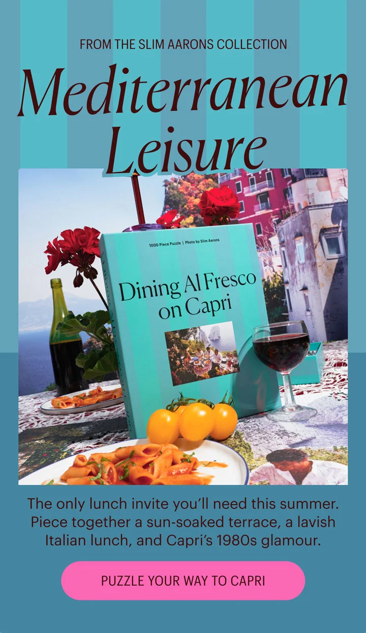 From the Slim Aarons Collection: Mediterranean Leisure - The only lunch invite you’ll need this summer. Piece together a sun-soaked terrace, a lavish Italian lunch, and Capri’s 1980s glamour. Puzzle Your Way to Capri