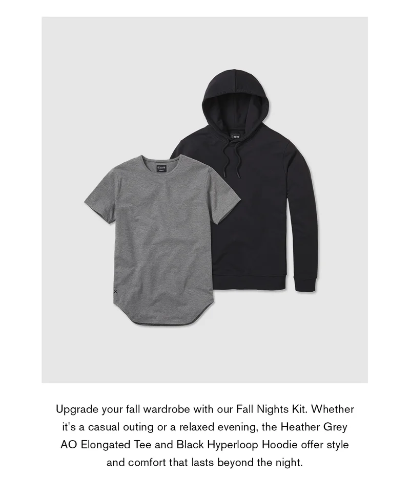 Upgrade your fall wardrobe with our Fall Nights Kit. Whether it's a casual outing or a relaxed evening, the Heather Grey AO Elongated Tee and Black Hyperloop Hoodie offer style and comfort that lasts beyond the night.