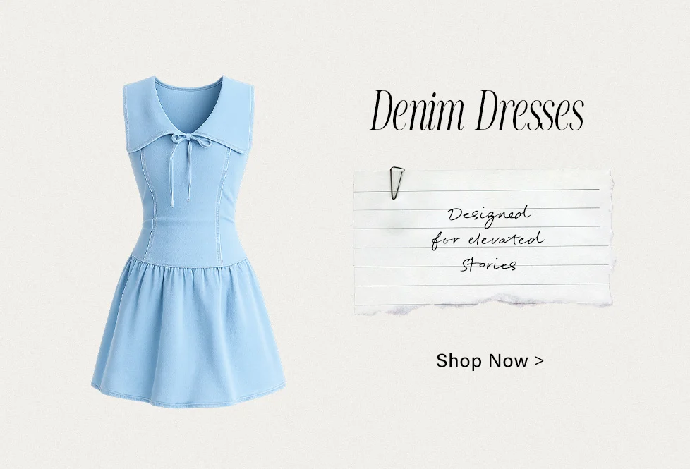 Light blue sleeveless denim dress with a preppy collar and bow-tie, promoting our versatile denim dresses for elevated style.