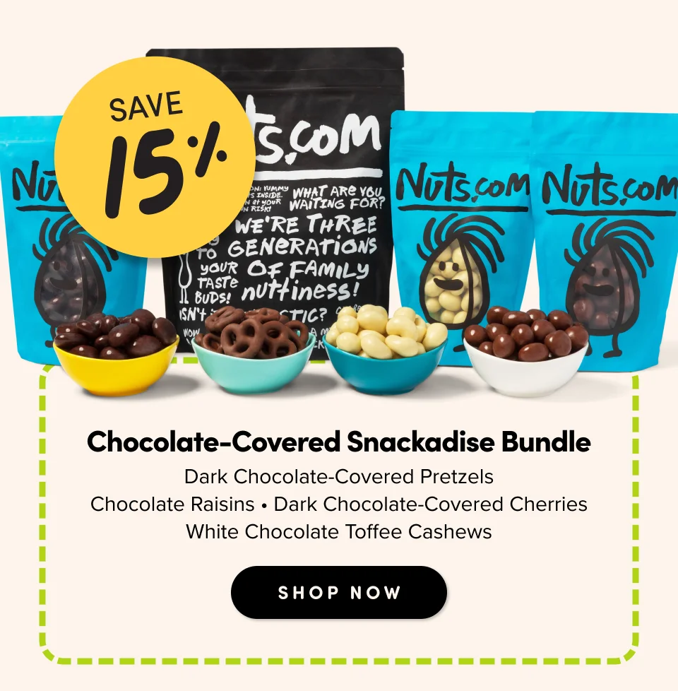 SAVE 15% Chocolate-Covered Snackadise Bundle Dark Chocolate-Covered Pretzels Chocolate Raisins Dark Chocolate-Covered Cherries White Chocolate Toffee Cashews