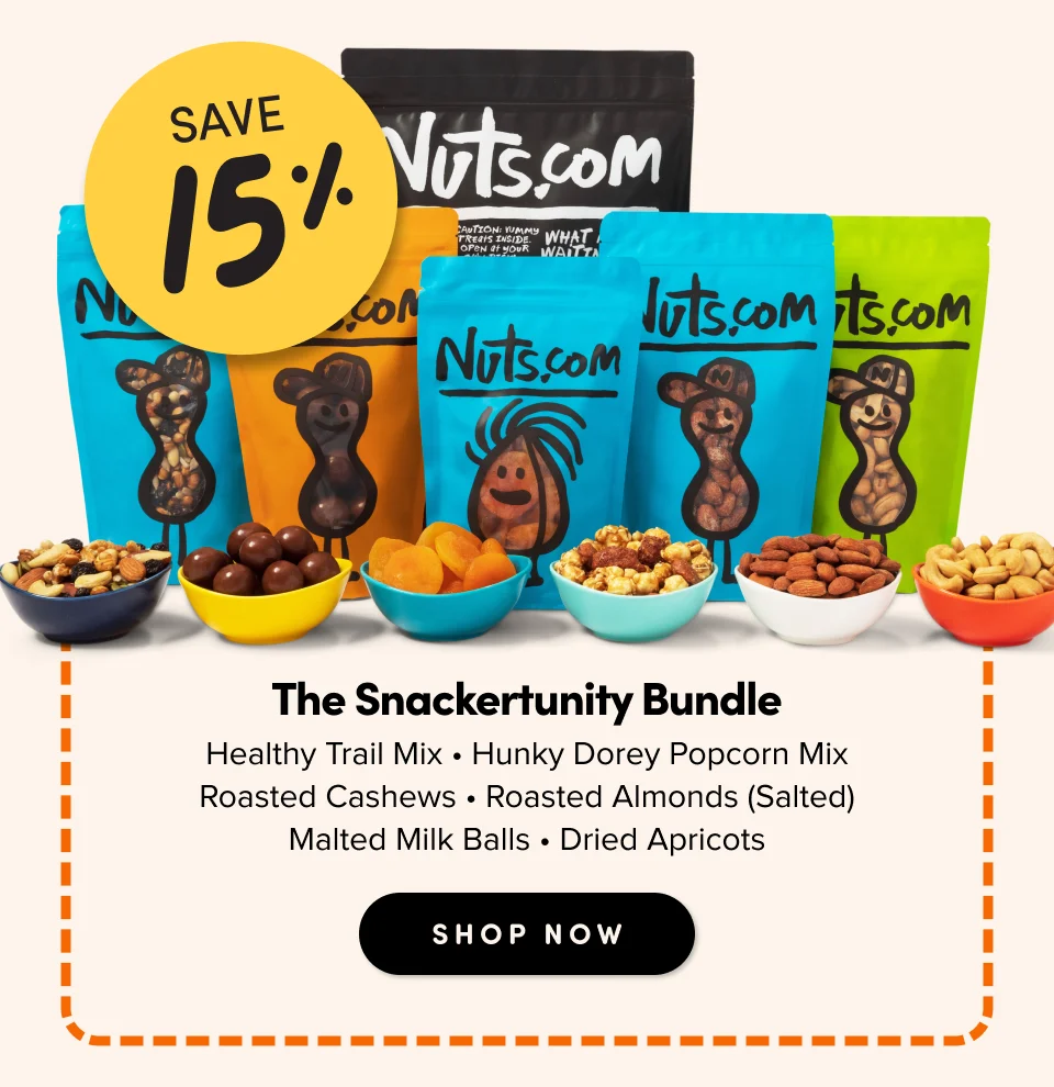 Save 15%; The Snackertunity Bundle Healthy Trail Mix • Hunky Dorey Popcorn Mix Roasted Cashews • Roasted Almonds (Salted) Malted Milk Balls • Dried Apricots shop Now