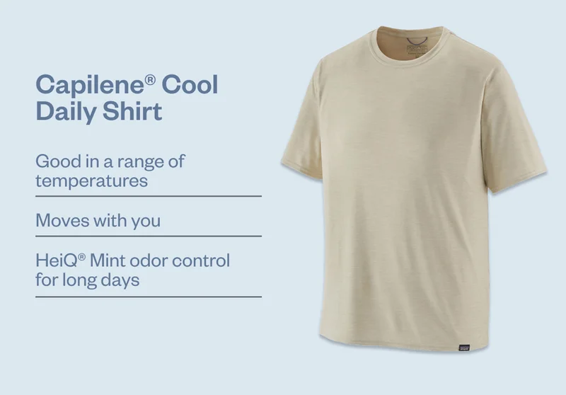 Capilene Cool Daily Shirt. Details: Good in a range of temperatures, moves with you, HeiQ Mint odor control for long days.