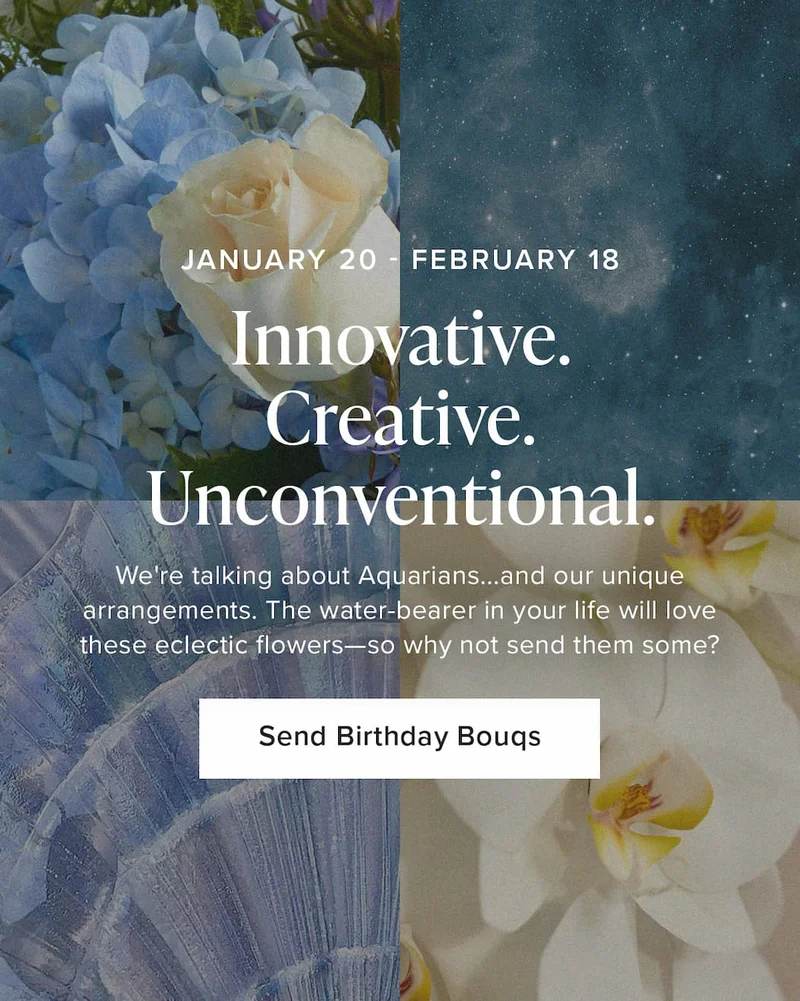 January 20 - February 18 Innovative. Creative. Unconventional. We're talking about Aquarians...and our unique, can't-get-elsewhere arrangements. The water-bearer in your life will love these eclectic flowers—so why not send them some? Send Birthday Bouqs