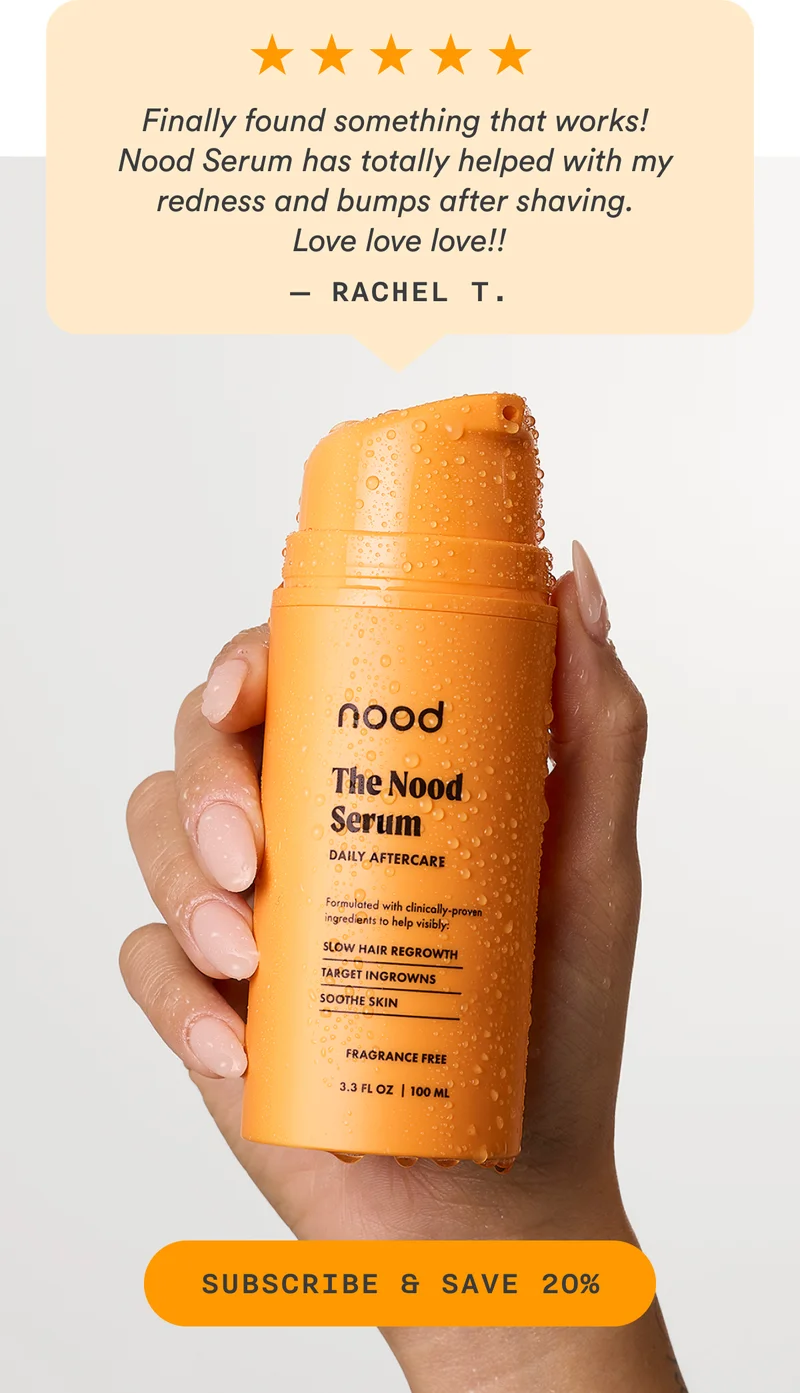 S3: “Finally found something that works! The Nood Serum has totally helped with my redness and bumps after shaving. Love love love!” —Rachel T. CTA3: SUBSCRIBE AND SAVE 20%