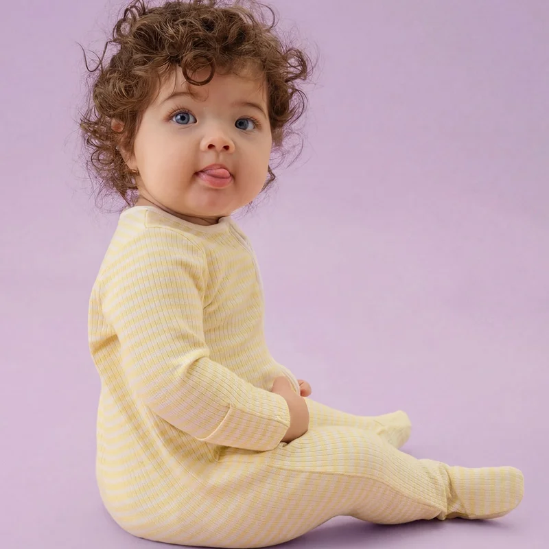Image of Yellow Stripe Ribbed Clever Zip Baby Pajamas