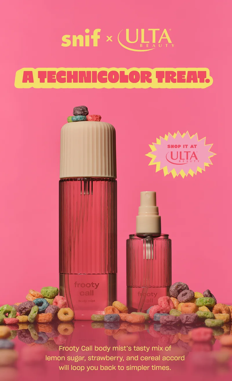Frooty Call body mist’s tasty mix of lemon sugar, strawberry, and cereal accord will loop you back to simpler times.