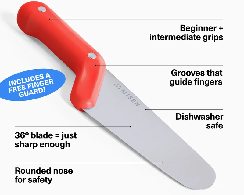 Includes a free finger guard | Beginner + intermediate grips | Grooves that guide fingers | Dishwasher safe | Rounded nose for safety