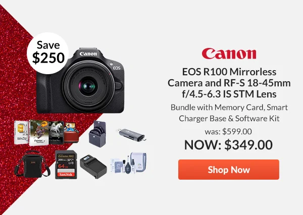 Canon EOS R100 Mirrorless Camera and RF-S 18-45mm f/4.5-6.3 IS STM Lens, Bundle