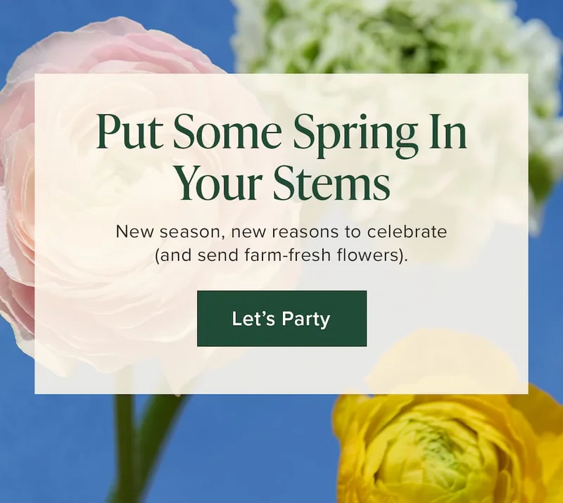 Put Some Spring In Your Stems. New season, new reasons to celebrate (and send farm-fresh flowers). Let's Party