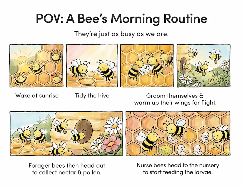 POV: A Bee’s Morning Routine   They’re just as busy as we are.  Wake at sunrise > tidy the hive > groom themselves & warm up their wings for flight.   Forager bees then head out to collect nectar & pollen.  Nurse bees head to the nursery to start feeding the larvae.