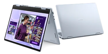A Dell 14 Plus 2 in 1 touch computer shown in tent mode and laptop mode.