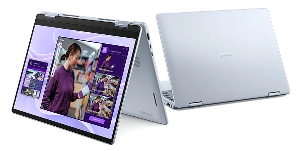 A Dell 14 Plus 2 in 1 touch computer shown in tent mode and laptop mode.