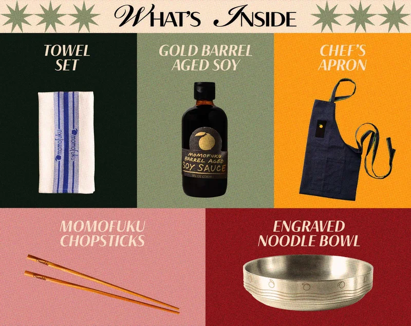 Header:  WHAT’S INSIDE  Gold Barrel Aged Soy  Chef’s Apron Towel Set Momofuku Chopsticks Engraved Noodle Bowl