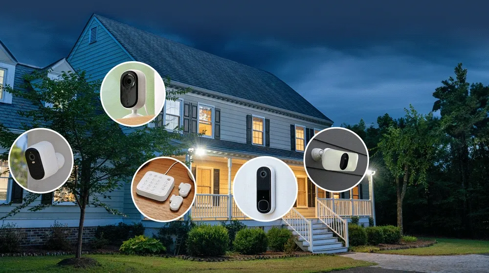 Animated image showing various Arlo security products with blinking circles positioned around a house at night.