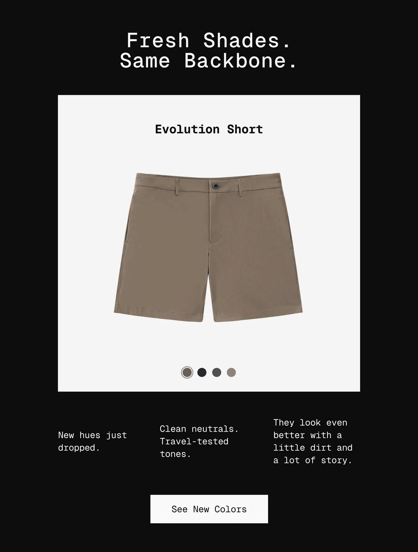 Studio Shots for Evolution Shorts in all 4 colors