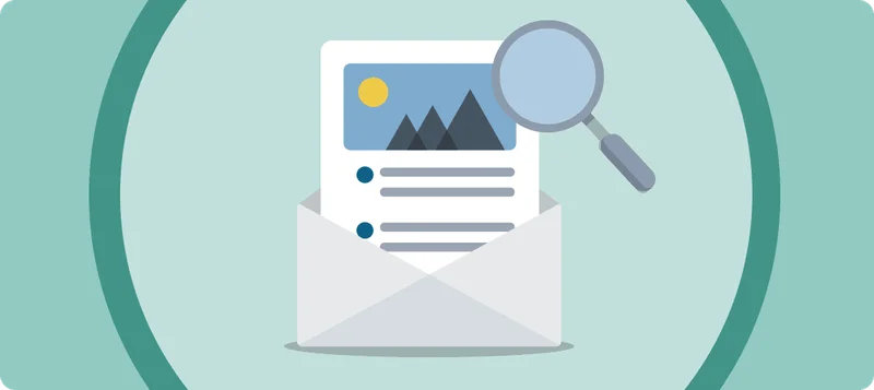 An email with a magnifying glass over it.