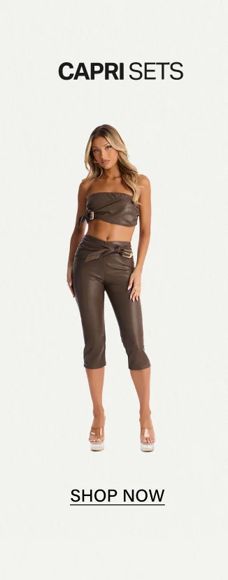 Dark brown faux leather capri set with strapless bandeau top & tie-front capri pants. Shop trendy women's capri sets.