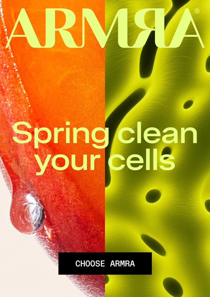 ARMRA. Spring clean your cells. CHOOSE ARMRA. Split image showing a red fruit texture on the left and bright yellow cellular pattern on the right.