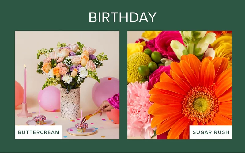 Shop Birthday. Featured Bouqs: Buttercream and Sugar Rush