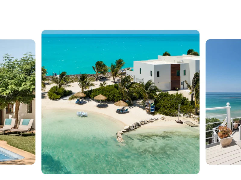 A collage of three homes featured in the Amazing Pools Category. The center home is a modernist villa surrounded by clear blue waters, white sand, and palm trees. A partially-visible image on the left shows a peek of outdoor chairs and the edge of a pool. A partially-visible image on the right shows a deck with white railings overlooking the ocean.