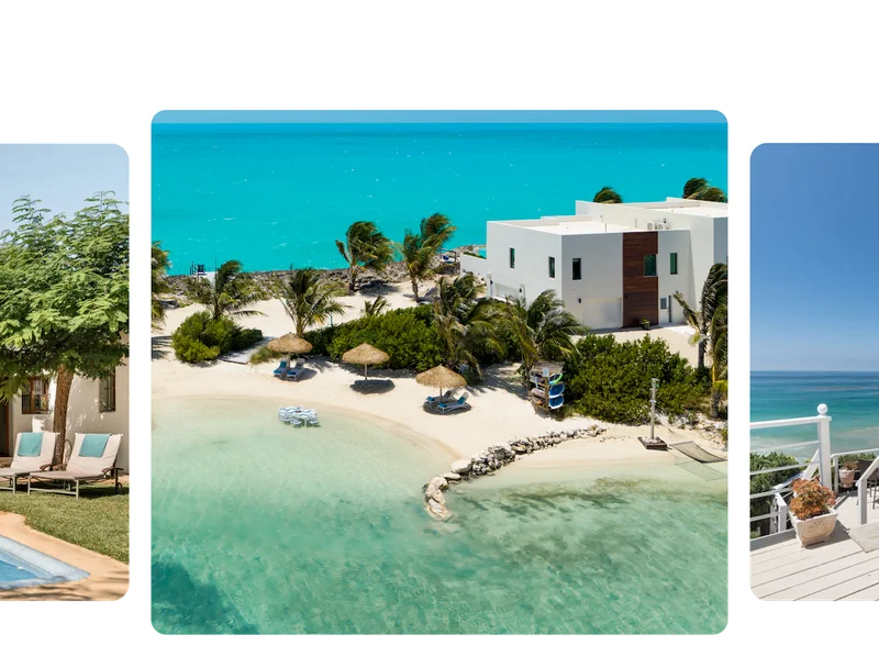 A collage of three homes featured in the Amazing Pools Category. The center home is a modernist villa surrounded by clear blue waters, white sand, and palm trees. A partially-visible image on the left shows a peek of outdoor chairs and the edge of a pool. A partially-visible image on the right shows a deck with white railings overlooking the ocean.