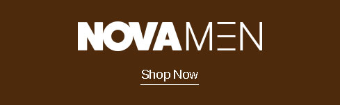 White NOVA MEN logo and "Shop Now" call to action text on a dark brown background, promoting men's fashion and new arrivals.